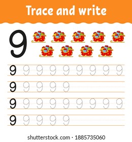 Learn Numbers. Trace and write. Winter theme. Handwriting practice. Learning numbers for kids. Education developing worksheet. Color activity page. Isolated vector illustration in cute cartoon style.