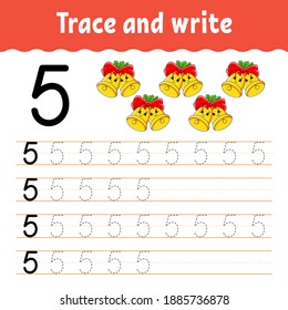 Learn Numbers. Trace and write. Winter theme. Handwriting practice. Learning numbers for kids. Education developing worksheet. Color activity page. Isolated vector illustration in cute cartoon style.