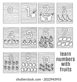 learn numbers using fruits, a set of coloring pages from zero to ten with various fruits and striped patterns vector illustration