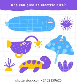 Learn ocean life game for kids. Cute hand drawn doodle funny underwater, sea puzzle with blue whale, turtle, stingray, fish angler, urchin. Educational worksheet, mind task, riddle, strategy quiz, men