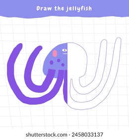 Learn ocean life game for kids. Cute hand drawn doodle funny underwater, sea puzzle with jellyfish. Educational worksheet, mind task, riddle, strategy quiz, mental teaser, challenge