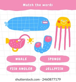 Learn ocean life game for kids. Cute hand drawn doodle funny underwater, sea puzzle with whale, fish angler, coral, jellyfish. Educational worksheet, mind task, riddle, strategy quiz, mental teaser, c