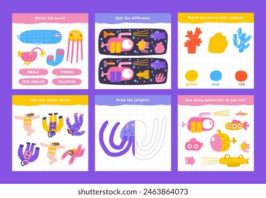 Learn ocean life games set for kids. Cute hand drawn doodle funny underwater, sea puzzle with blue whale, turtle, stingray, fish angler, urchin. Educational worksheet, mind task, riddle, strategy quiz