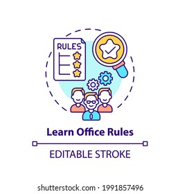 Learn Office Rules Concept Icon. Newbie Adaptation Tips. Corporte Culture Idea Thin Line Illustration. Etiquette Rules Of Company. Vector Isolated Outline RGB Color Drawing. Editable Stroke