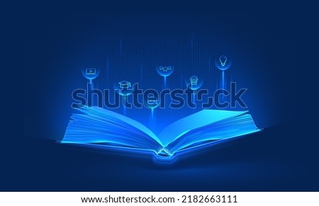 Learn online book in digital futuristic style. Infographics and book, the concept of new technologies in e-education or e-book. Vector illustration on a dark night background