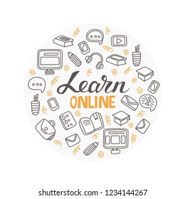Learn online. Modern web line banner for online education. Circle shape. Linear concept for online university. Calligraphic design for poster, flyer, logo, card, blog or social media.