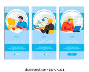 Learn online onboard screen templates set. Expert skills, best price mobile application page templates. Distant tutor, online school, digital library, e-learning concept flat vector illustration