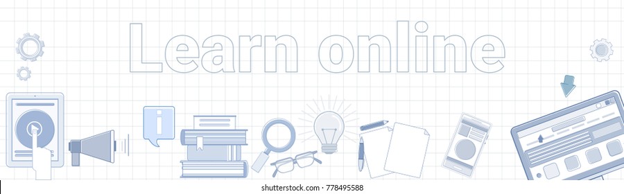 Learn Online Word On Squared Background Horizontal Banner Elearning Education Concept Vector Illustration