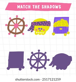 Learn pirate game for kids. Cute hand drawn doodle funny marine puzzle with skull, ship wheel, treasure chest. Educational worksheet, mind task, riddle