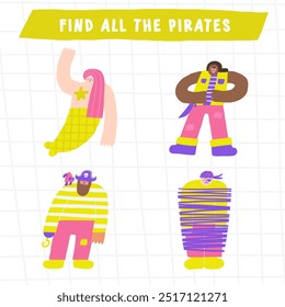 Aprenda jogos de piratas para crianças. Bonito mão desenhada rabiscar engraçado quebra-cabeça marinho com banditos, sereia, capitão, personagens. Planilha educacional, tarefa mental, enigma