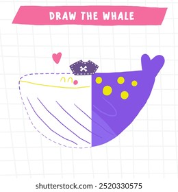 Aprenda jogos de piratas para crianças. Bonito mão desenhada rabiscar engraçado quebra-cabeça marinho com baleia. Desenhe o animal. Planilha educacional, tarefa mental, enigma