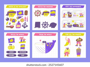 Learn pirate games set for kids. Cute hand drawn doodle funny marine puzzle with whale, parrot, skull, bandit, anchor, flag, map, chest, ship. Educational worksheet, mind task, riddle