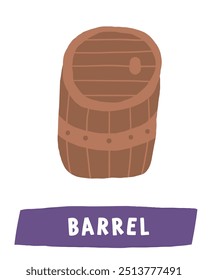 Aprender objetos piratas flashcard. Aprendendo palavras em inglês para crianças. Bonito mão desenhado doodle cartão educacional com barril de madeira. Material de aprendizagem da vida marinha pré-escolar