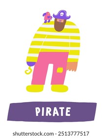 Aprender objetos piratas flashcard. Aprendendo palavras em inglês para crianças. Bonito cartão educativo de doodle desenhado à mão com caráter pirata, animal de papagaio. Material de aprendizagem da vida marinha pré-escolar