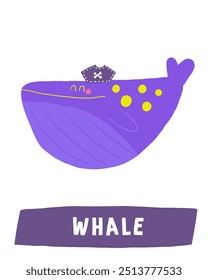 Learn pirate objects flashcard. Learning English words for kids. Cute hand drawn doodle educational card with blue whale fish, pirate hat dressing. Preschool marine life learning material