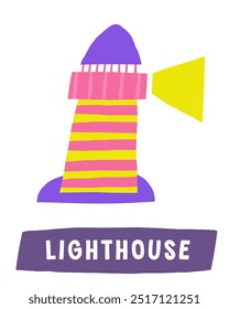 Learn pirate objects flashcard. Learning English words for kids. Cute hand drawn doodle educational card with lighthouse island . Preschool marine life learning material