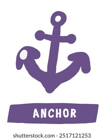 Aprender objetos piratas flashcard. Aprendendo palavras em inglês para crianças. Bonito mão desenhado doodle cartão educacional com navio, barco pirata âncora. Material de aprendizagem da vida marinha pré-escolar