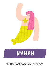 Learn pirate objects flashcard. Learning English words for kids. Cute hand drawn doodle educational card with nymph, nixie, water fish woman. Preschool marine life learning material