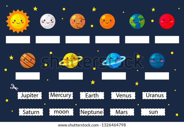 惑星を学び 未就学児向けの教育ゲームを学ぶ 惑星の名前を切って接着します 太陽系 かわいいキャラクター ベクターイラスト のベクター画像素材 ロイヤリティフリー