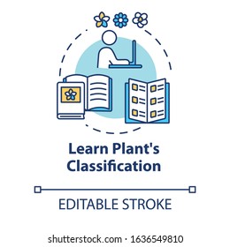 Learn plants classification concept icon. Home gardening. Houseplants caring. Flowers sorts idea thin line illustration. Vector isolated outline RGB color drawing. Editable stroke