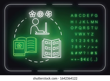 Learn plants classification neon light concept icon. Home gardening. Houseplants caring. Flowers sorts idea. Outer glowing sign with alphabet, numbers, symbols. Vector isolated RGB color illustration