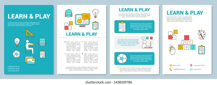 Learn and play brochure template layout. Children entertainment and education. Flyer, booklet, leaflet print design with linear illustrations. Vector page layouts for magazines, annual reports