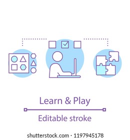Learn and play concept icon. Educational games idea thin line illustration. Kids education. Vector isolated outline drawing. Editable stroke