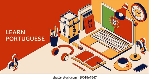 Learn Portuguese isometric concept with open laptop, books, headphones and coffee. Vector illustration