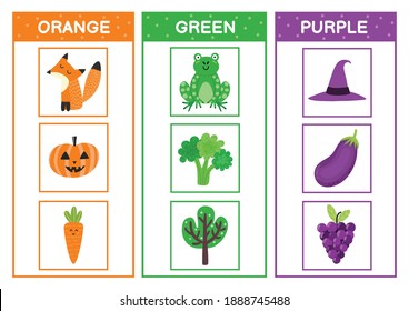 Learn the primary colors. Color sorting activity page - orange, green, purple. Educational material for toddlers. Learning poster for kids. Vector illustration