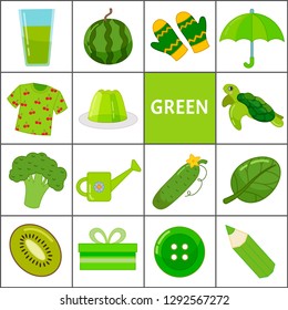 Learn the primary colors. Green. Different objects in green color. Educational material for children and toddlers.