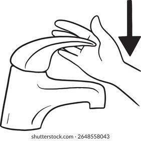 Aprenda a maneira adequada de usar uma torneira moderna com esta ilustração de arte em linha clara. Uma mão é mostrada pressionando-se para baixo em uma torneira, acompanhada por uma seta para baixo para facilitar a instrução. Ideal para manuais do usuário.