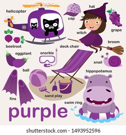 Learn purple color, Educate color and vocabulary set, Illustration of primary colors, Vector illustration