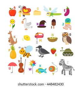 Learn to read. Children alphabet with cute cartoon animals and other funny elements. ABC. Vector illustration