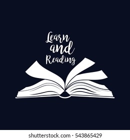 Learn And Reading Motivation Card,open Book, White Silhouette. Vector Illustration