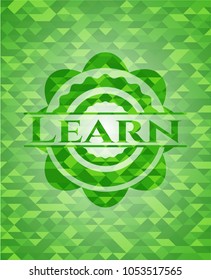 Learn realistic green emblem. Mosaic background