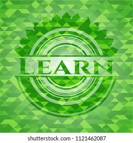 Learn realistic green emblem. Mosaic background