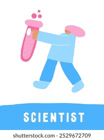 Learn science objects flashcard. Learning words for kids. Cute hand drawn doodle educational card with girl, woman, tube, liquid, chemistry. Preschool science learning material