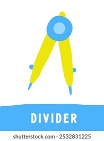 Aprende ciencia objetos con flashcard. Aprender palabras para los niños. Linda tarjeta educativa dibujada a mano doodle con divisor, brújula. Material de aprendizaje de ciencias preescolares