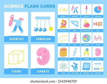 Learn science objects flashcards set. Learning words for kids. Cute hand drawn doodle educational biology, mathematics, physics, chemistry cards. Preschool science learning material for students