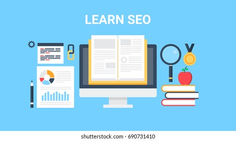 Learn SEO, search engine optimization guide, digital marketing education, SEO courses and certification flat vector banner with icons