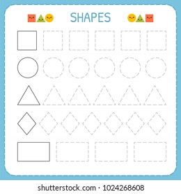 Learn Shapes And Geometric Figures. Preschool Or Kindergarten Worksheet For Practicing Motor Skills. Tracing Dashed Lines. Vector Illustration