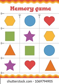 Learn shapes and geometric figures. Preschool or kindergarten worksheet. Vector illustration