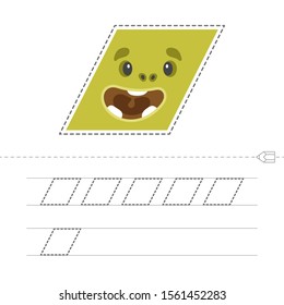 Learn shapes and geometric figures. Preschool or kindergarten worksheet for practicing motor skills. Tracing dashed lines. Vector illustration. Parallelogram - Vector
