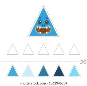 Learn shapes and geometric figures. Preschool or kindergarten worksheet for practicing motor skills. Cut and glue in order from light to dark or vice versa - Vector