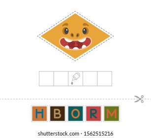 Learn shapes and geometric figures. Preschool or kindergarten worksheet for practicing motor skills. Cut and glue letters and make up the word. Vector illustration. 
