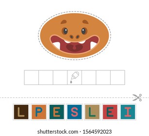 Learn shapes and geometric figures. Preschool or kindergarten worksheet for practicing motor skills. Cut and glue letters and make up the word. Vector illustration. 
