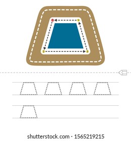 Learn shapes and geometric figures. Preschool or kindergarten worksheet for practicing motor skills. Tracing dashed lines. Vector illustration.