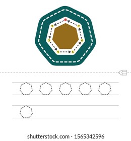 Learn shapes and geometric figures. Preschool or kindergarten worksheet for practicing motor skills. Tracing dashed lines. Vector illustration.