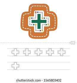 Learn shapes and geometric figures. Preschool or kindergarten worksheet for practicing motor skills. Tracing dashed lines. Vector illustration. Cross - Vector
