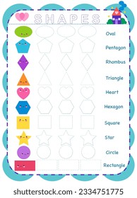 Aprenda formas y figuras geométricas. Hoja de trabajo de preescolar o kindergarten para practicar habilidades motoras. Rastreo de líneas discontinuas. Ilustración del vector